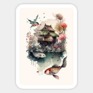 A Journey Through Japan: A Traditional Landscape Painting Sticker